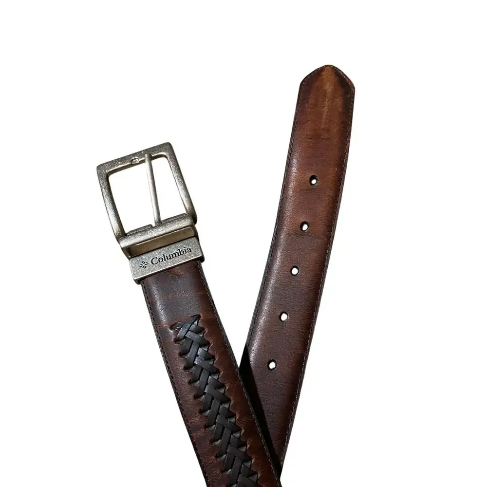 Columbia Brown Black Woven Leather Belt Antique Silver Buckle Men’s 44/110